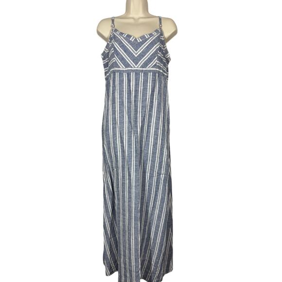 St. Tropez Linen Dress Strappy Stripe Casual Summer Vacation Blue White - 12 - Picture 1 of 7